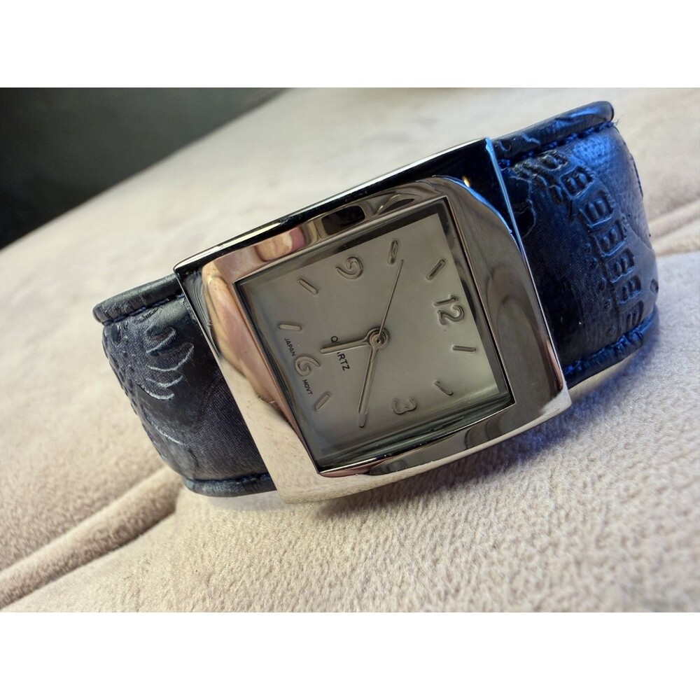 Square Dial Watch Women Silver Tone Blue Leather Open Cuff New Battery